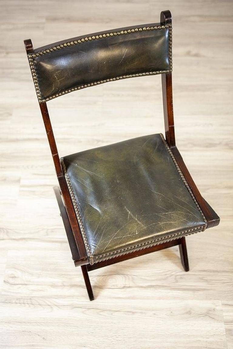 Vintage Walnut Folding Chair in Dark-Green Leather, 1950s
