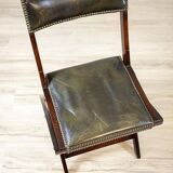 Vintage Walnut Folding Chair in Dark-Green Leather, 1950s