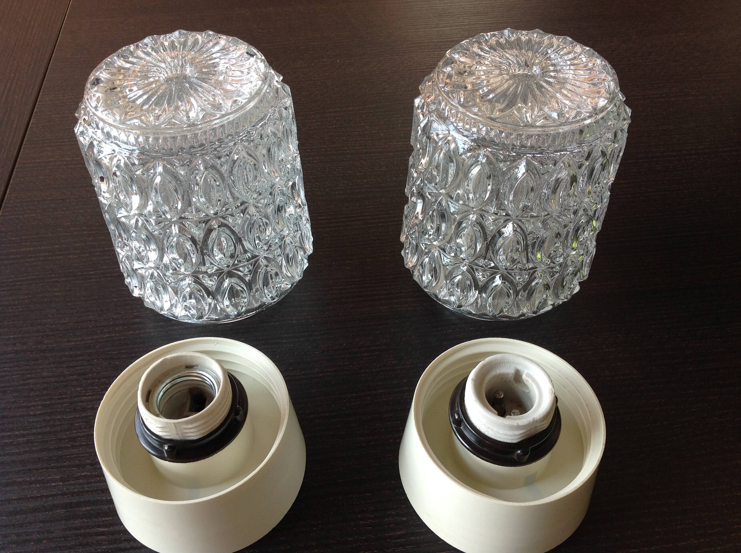 Pair of cylindrical structured glass ceiling lights / vintage 60s-70s