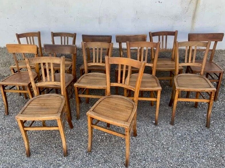 Set of 13 old art deco bistro chairs from the 1930s in light wood