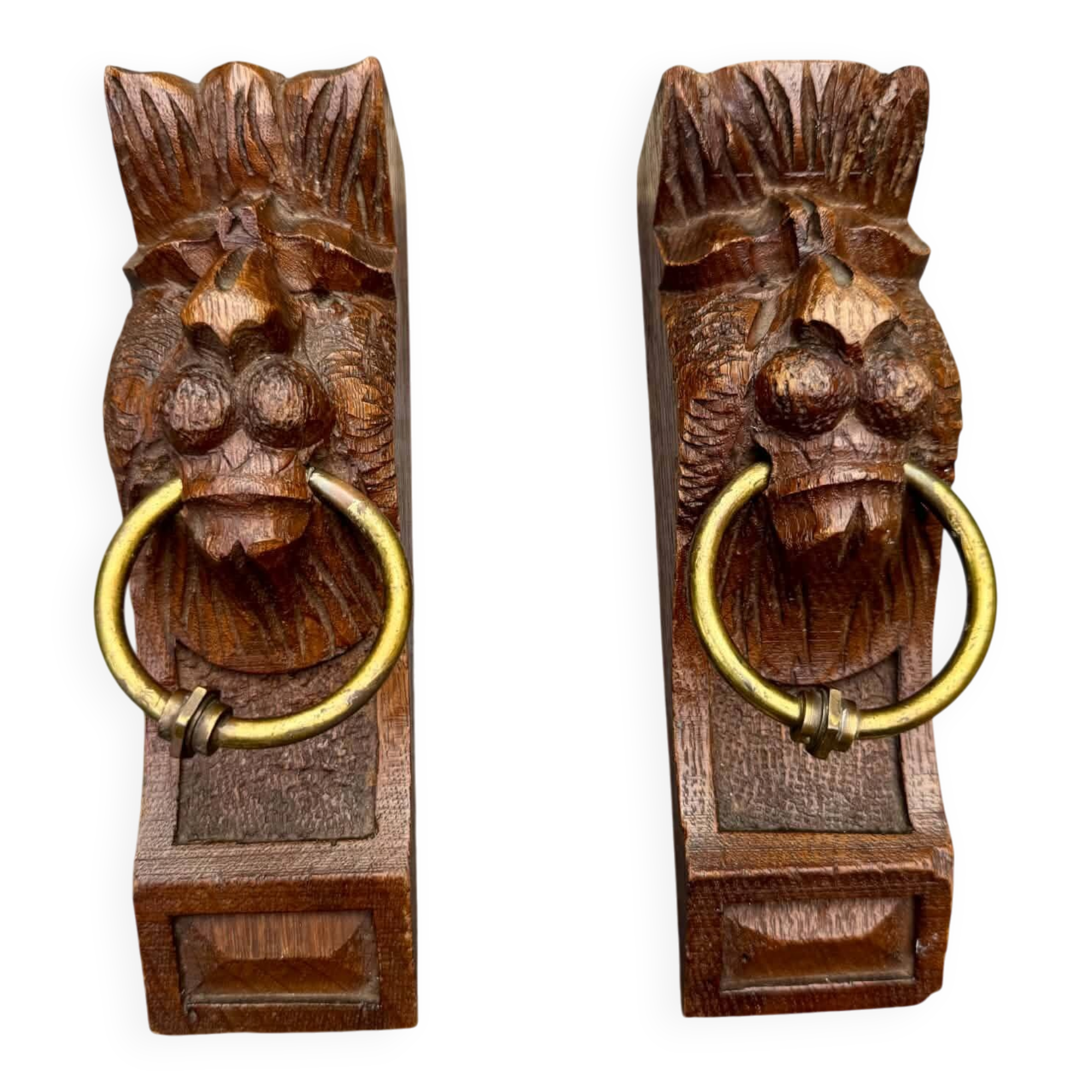 Pair of consoles, corbels, wooden and brass lion supports, 19th century.