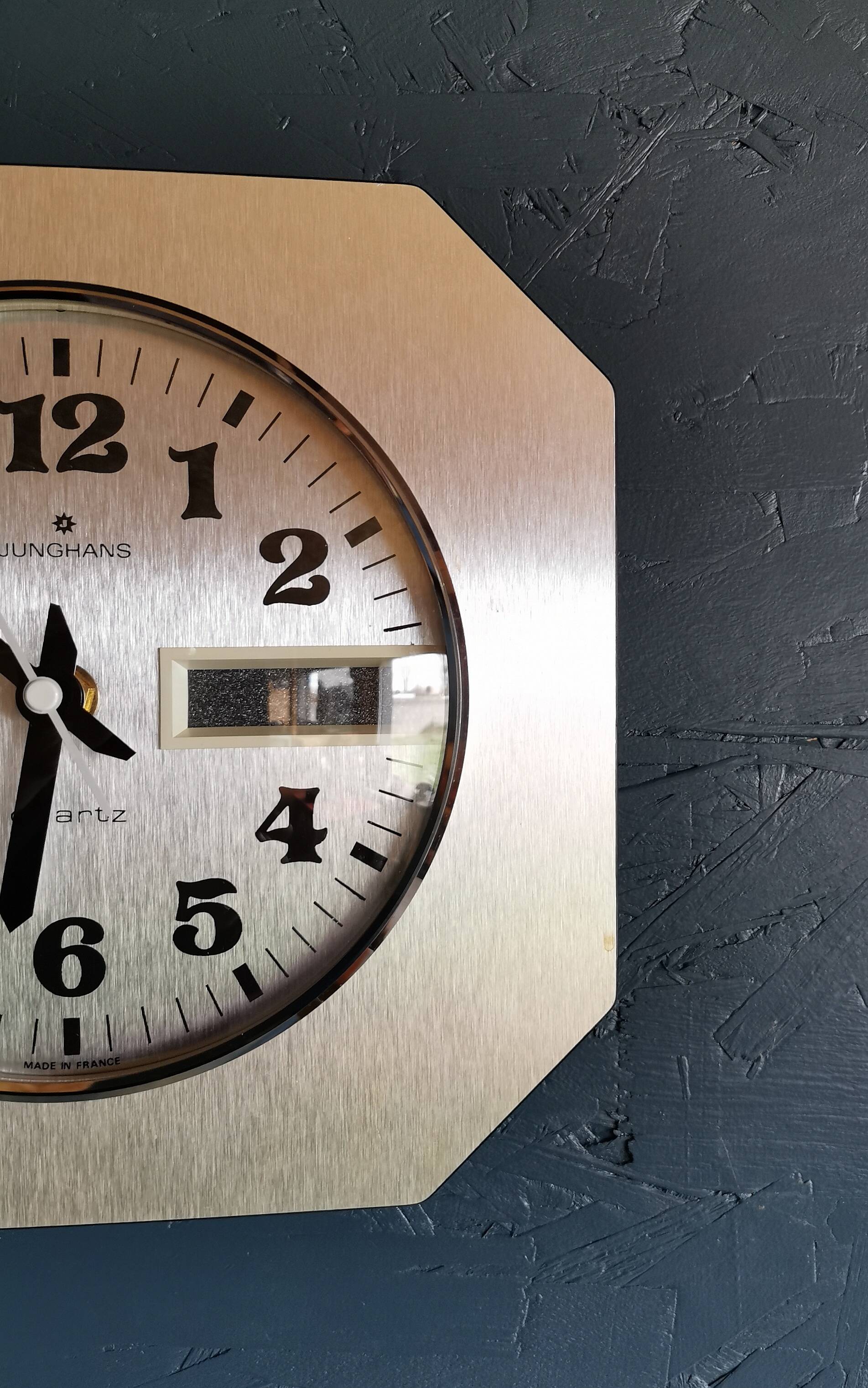 Horloge formica vintage pendule murale silencieuse carrée "Junghans argent"