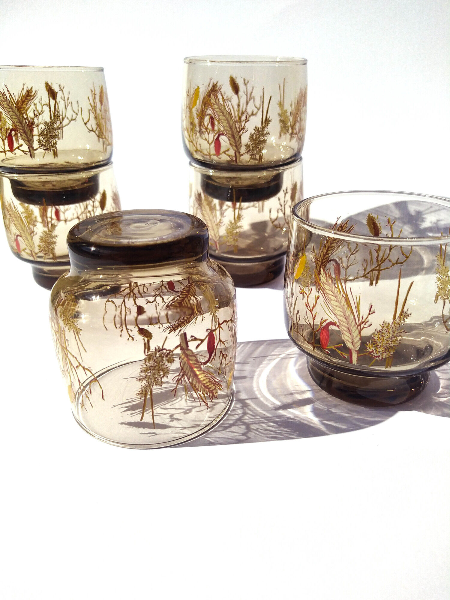 6 vintage Arcoroc smoked glasses with a pattern of ears of wheat