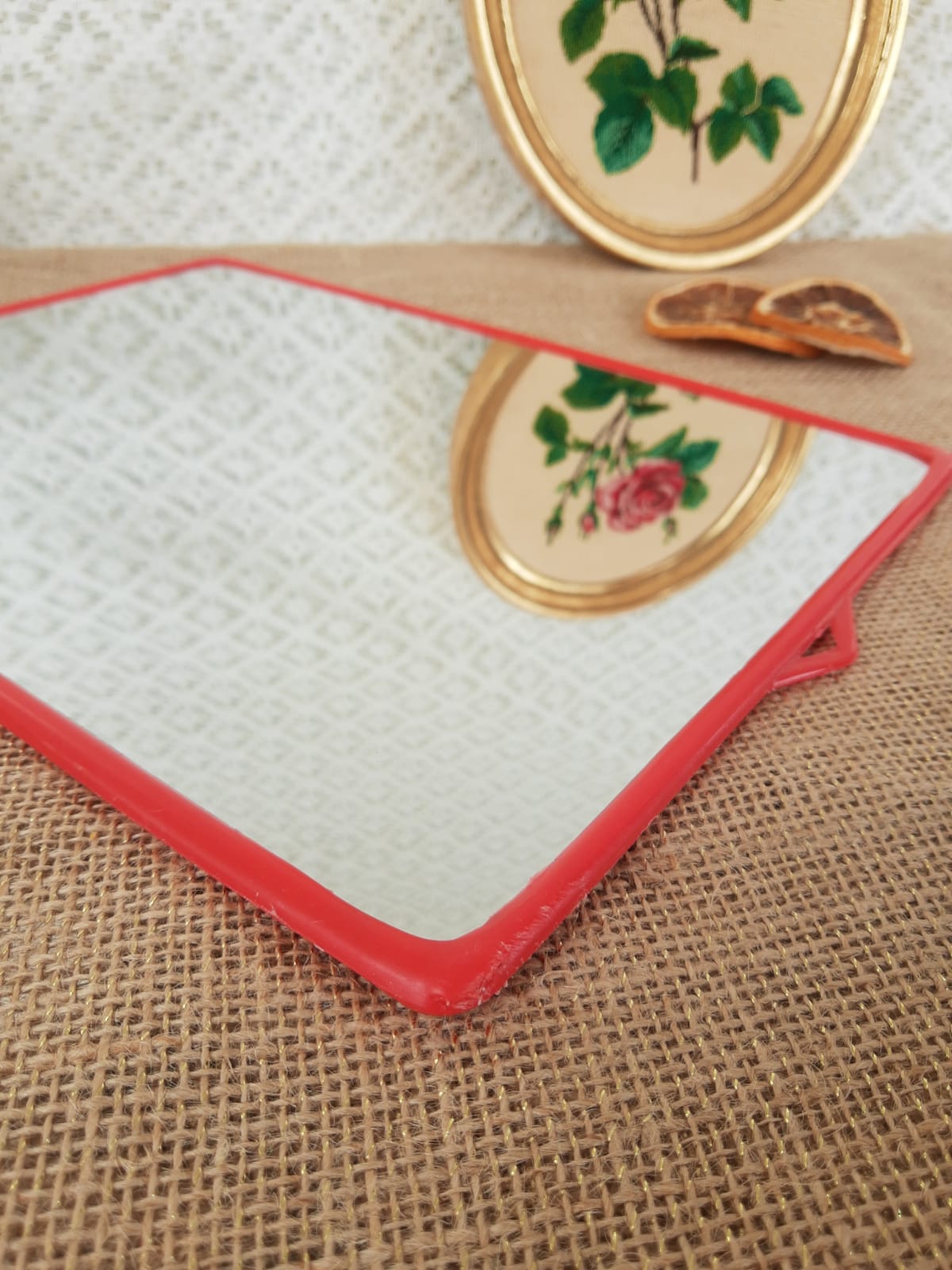 Large mirror to hang plastic red vintage barber style