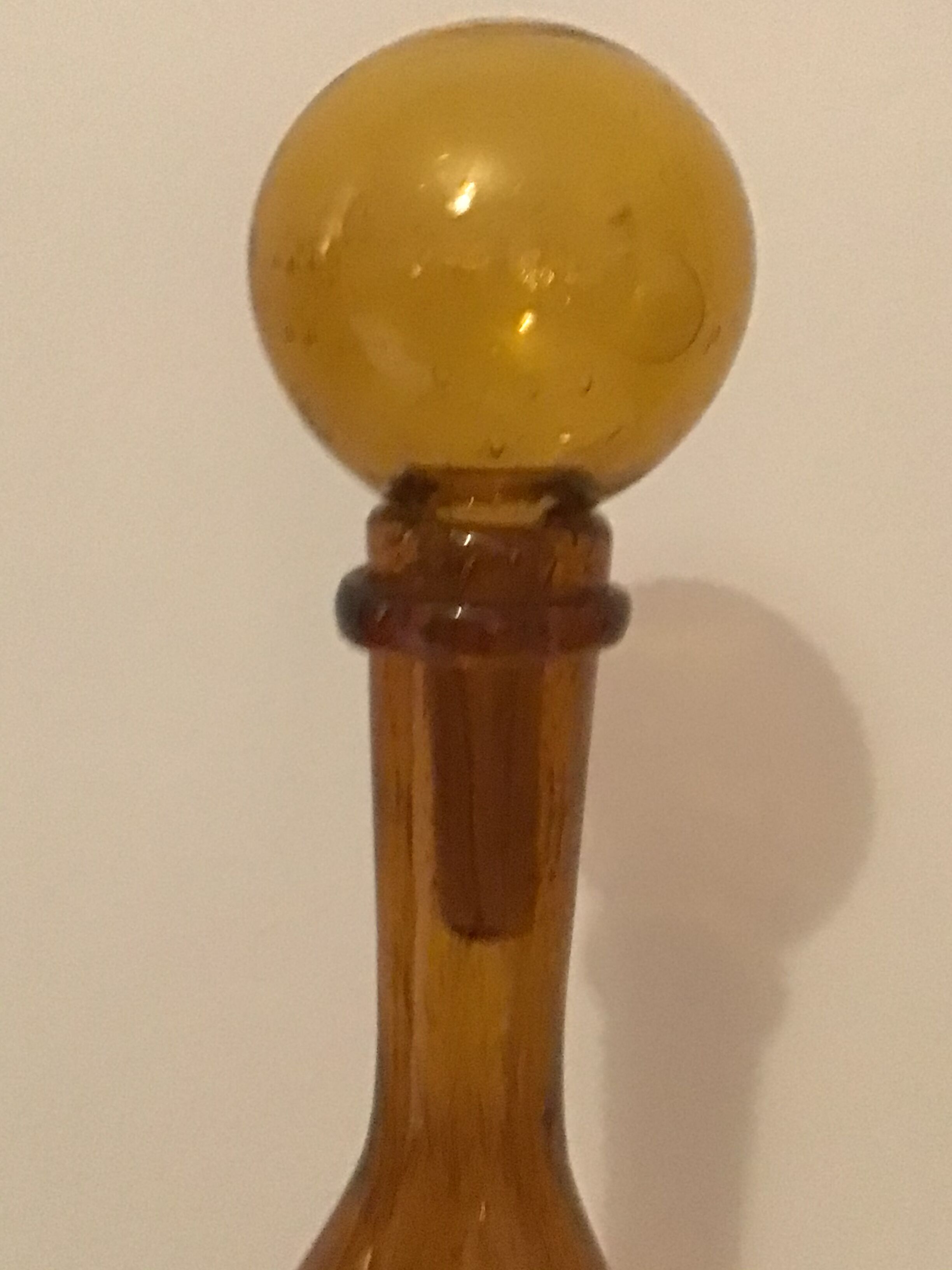 Carafe bubbled glass amber color signed Biot, vintage