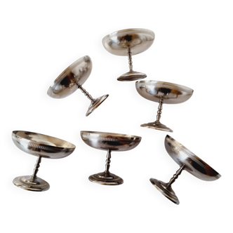Set of 6 Ice Cream or Dessert Cups in 18/8 Stainless Steel, high foot, 1950s, wide mouth