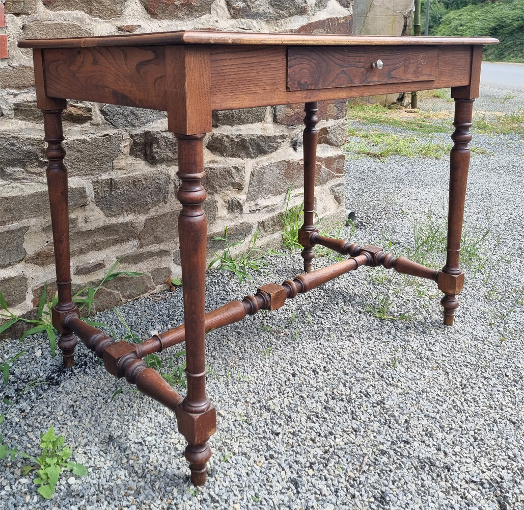 Writing table or wooden desk, Louis XIII style, turned legs, vintage