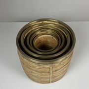 Set of 5 rattan pencil reed and brass plant holder baskets, Italy 1970s
