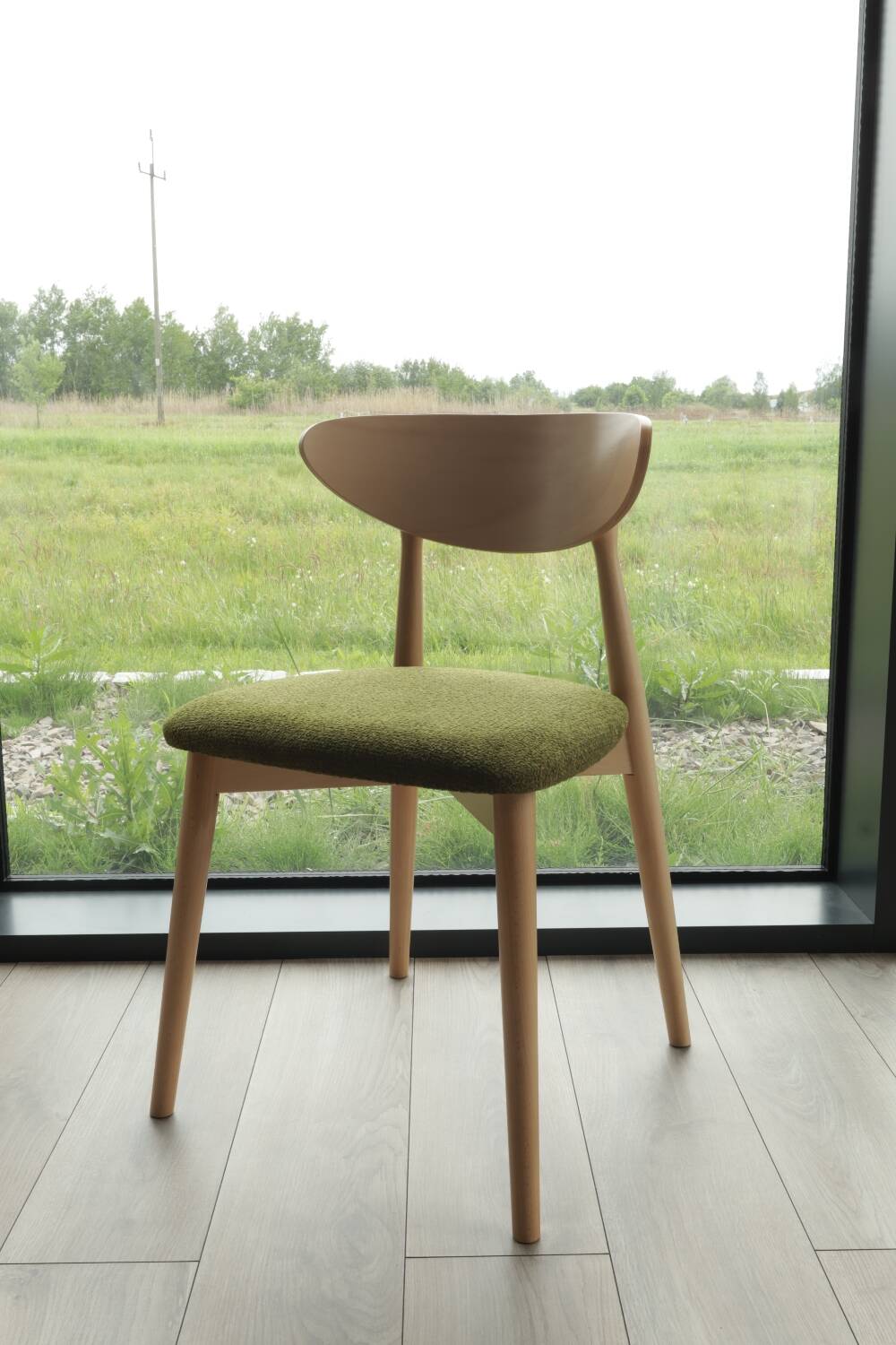 Natural Dining Chair with green upholstery, new modern design vintage style