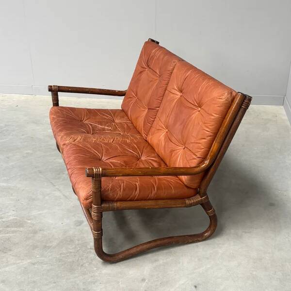 Canapé vintage en bambou et cuir, années 1970