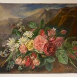 Tableau ancien, nature morte aux roses pâquerettes et fleurs sauvages, signé, début XX siècle