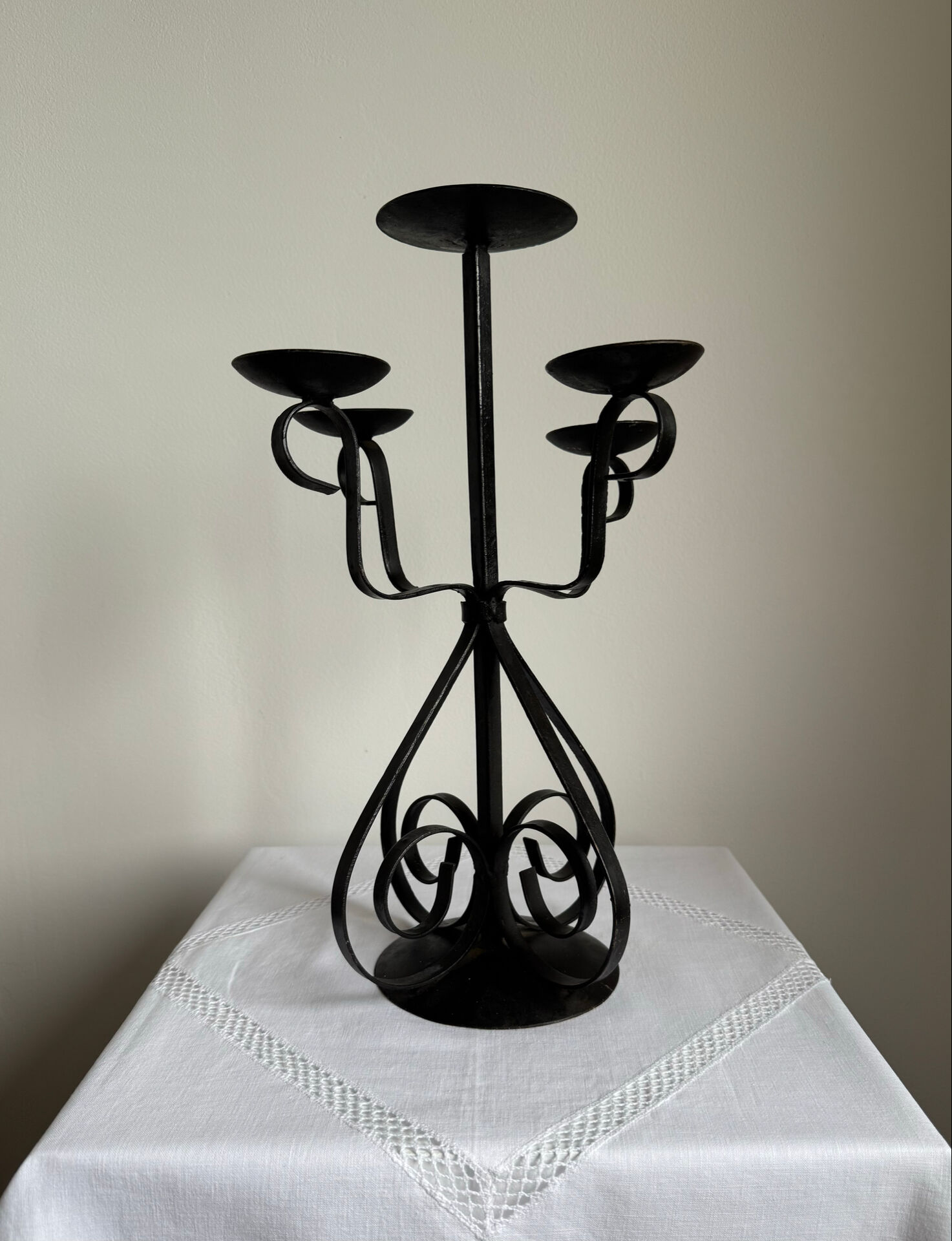 Vintage Brutalist large black wrought iron candelabra
