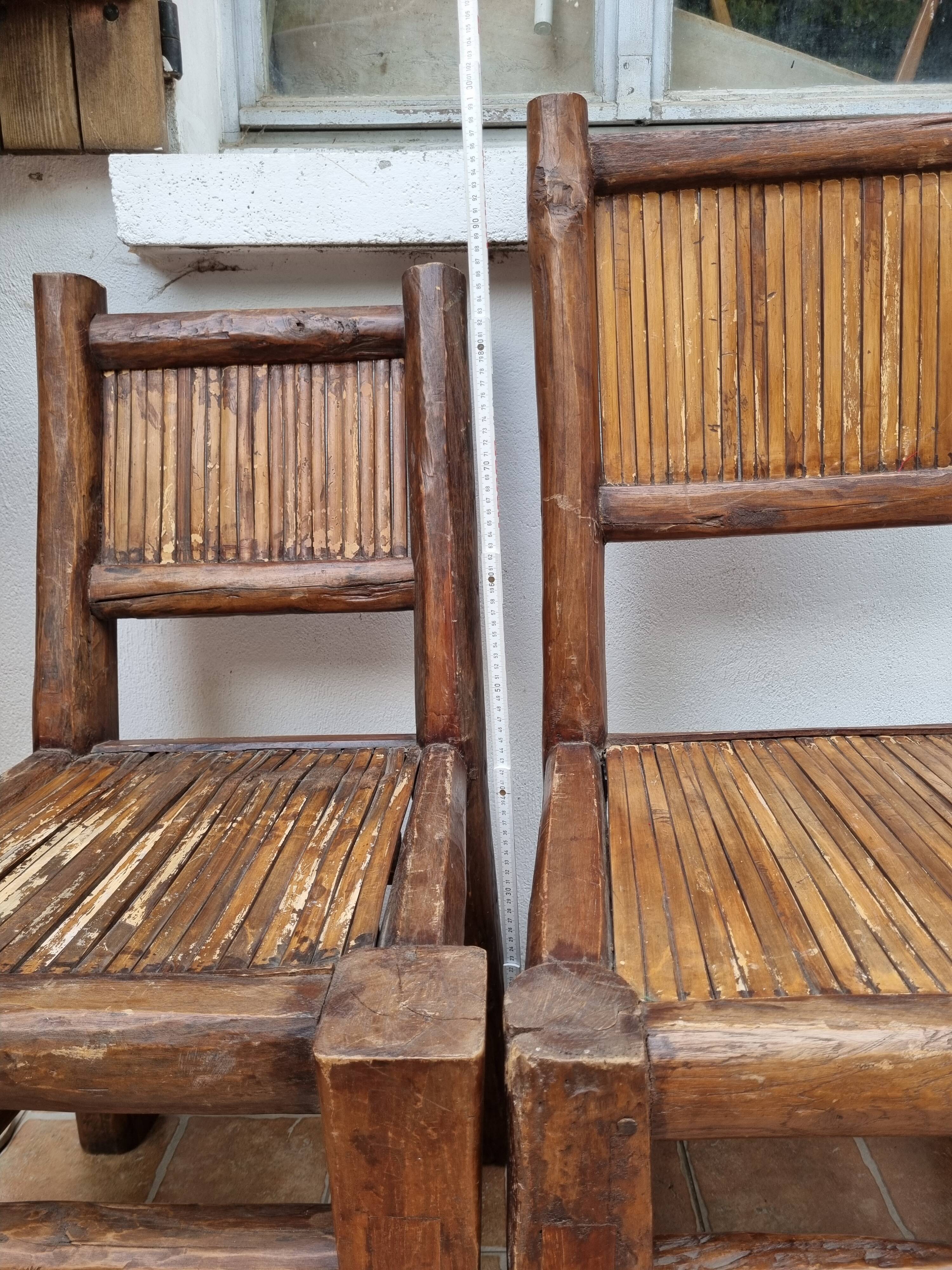 Pair of solid wood and bamboo chairs, brutalist style, 90 cm