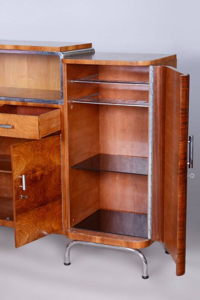 Bauhaus Czechia Sideboard in Walnut and Chrome-Plated Steel by Robert Slezak, 1930s