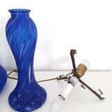 Lampe champignon vintage - pâte de verre bleue et blanche -1970