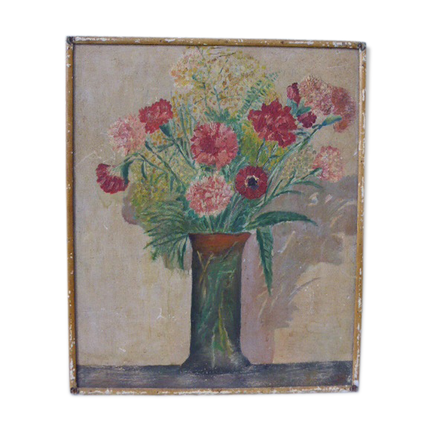 Table bouquet of flowers, painted on a piece of old wood