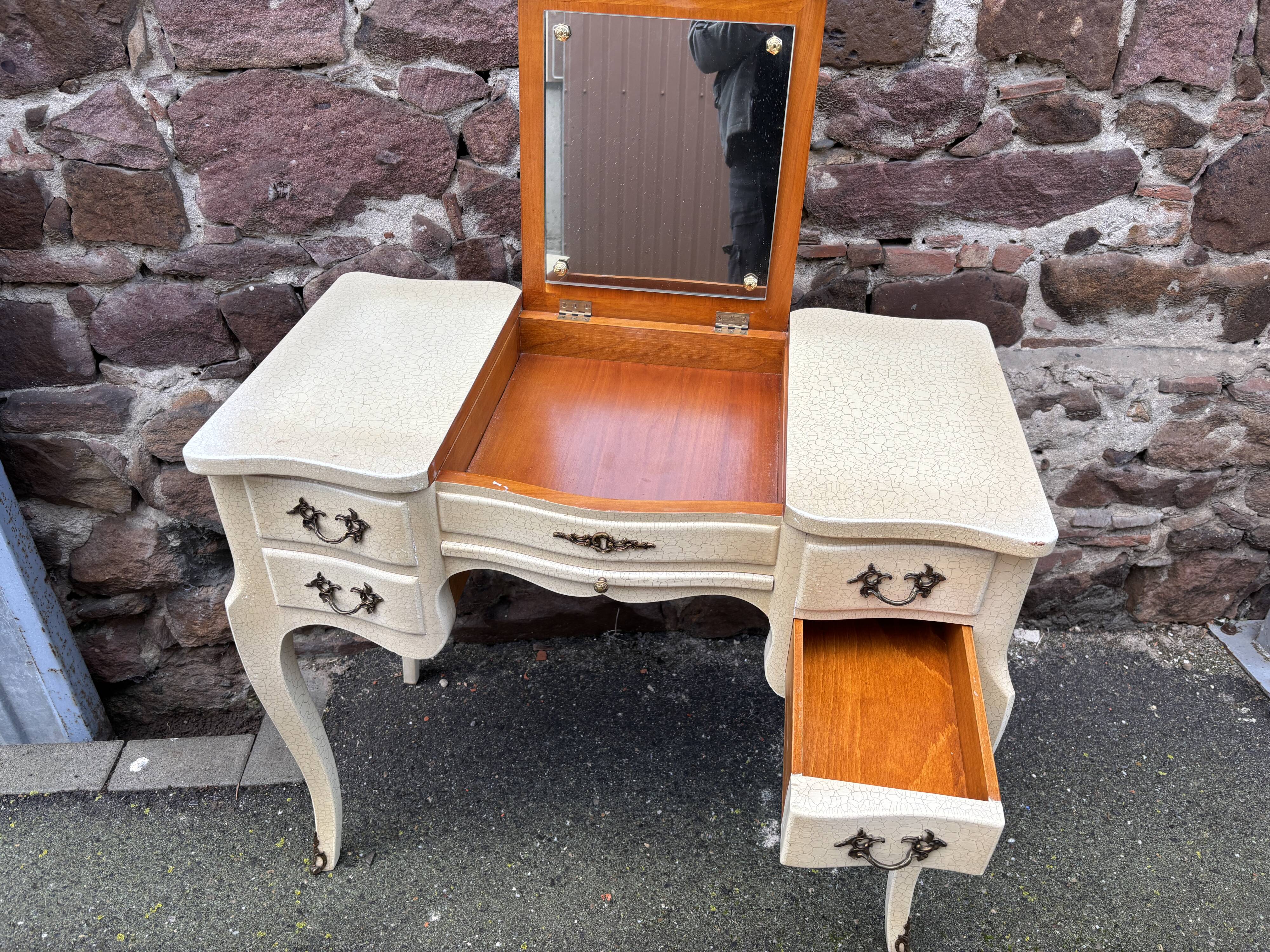 Vintage 1980s dressing table with Venetian mirror. Elegant makeup table.