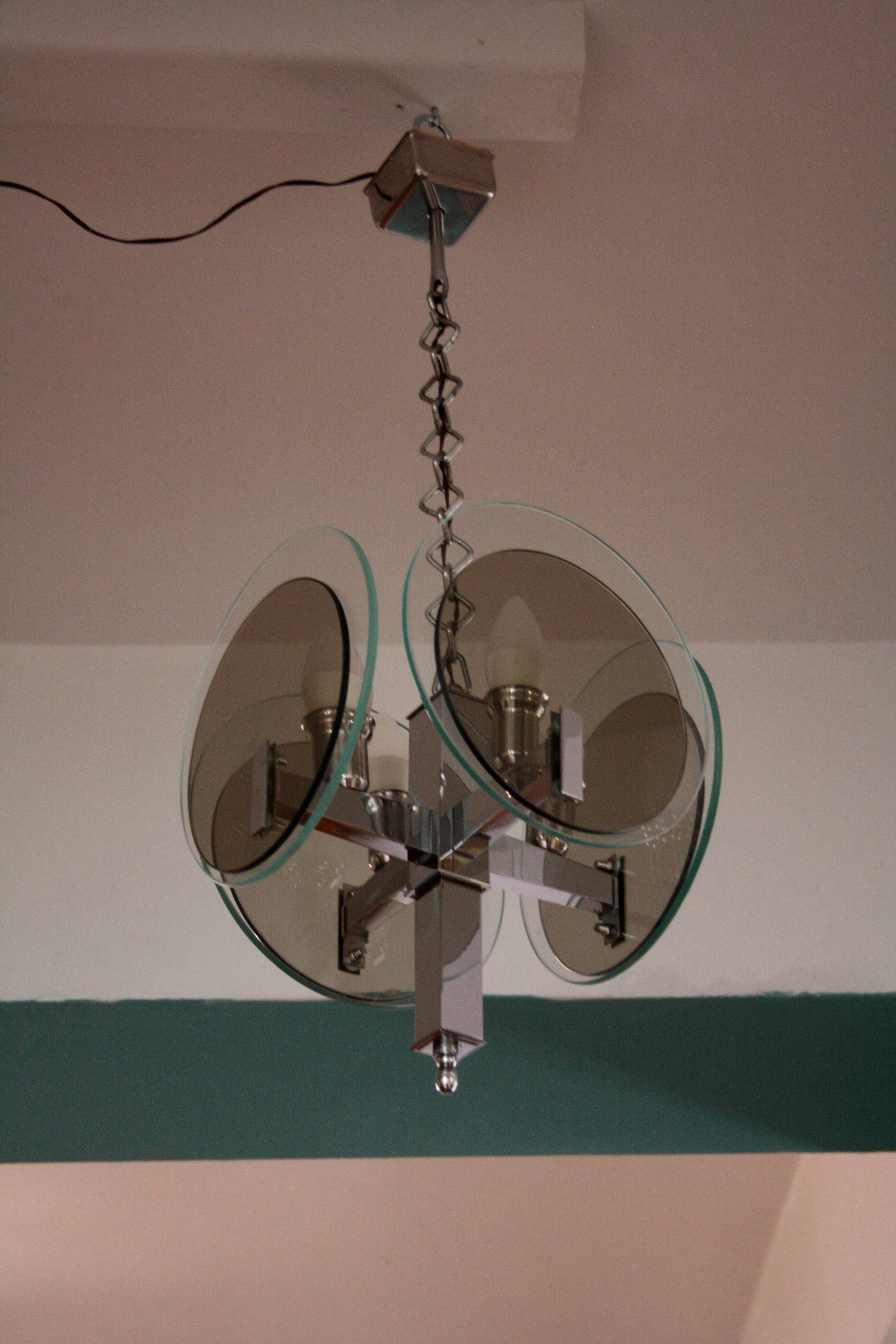 Vintage Art Deco chandelier in chrome metal and glass, Italy, 1970s