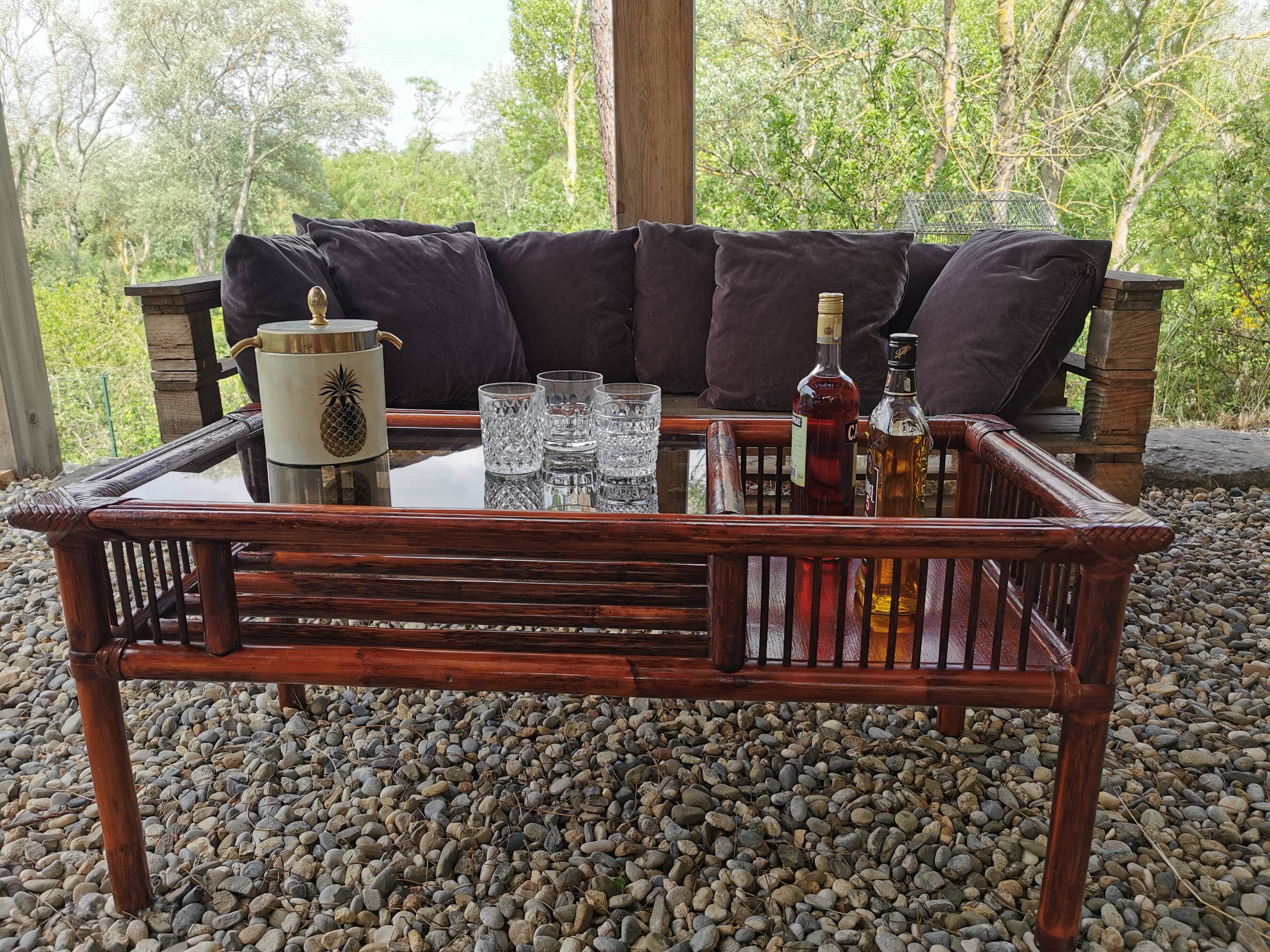 Vintage bamboo and leather coffee table