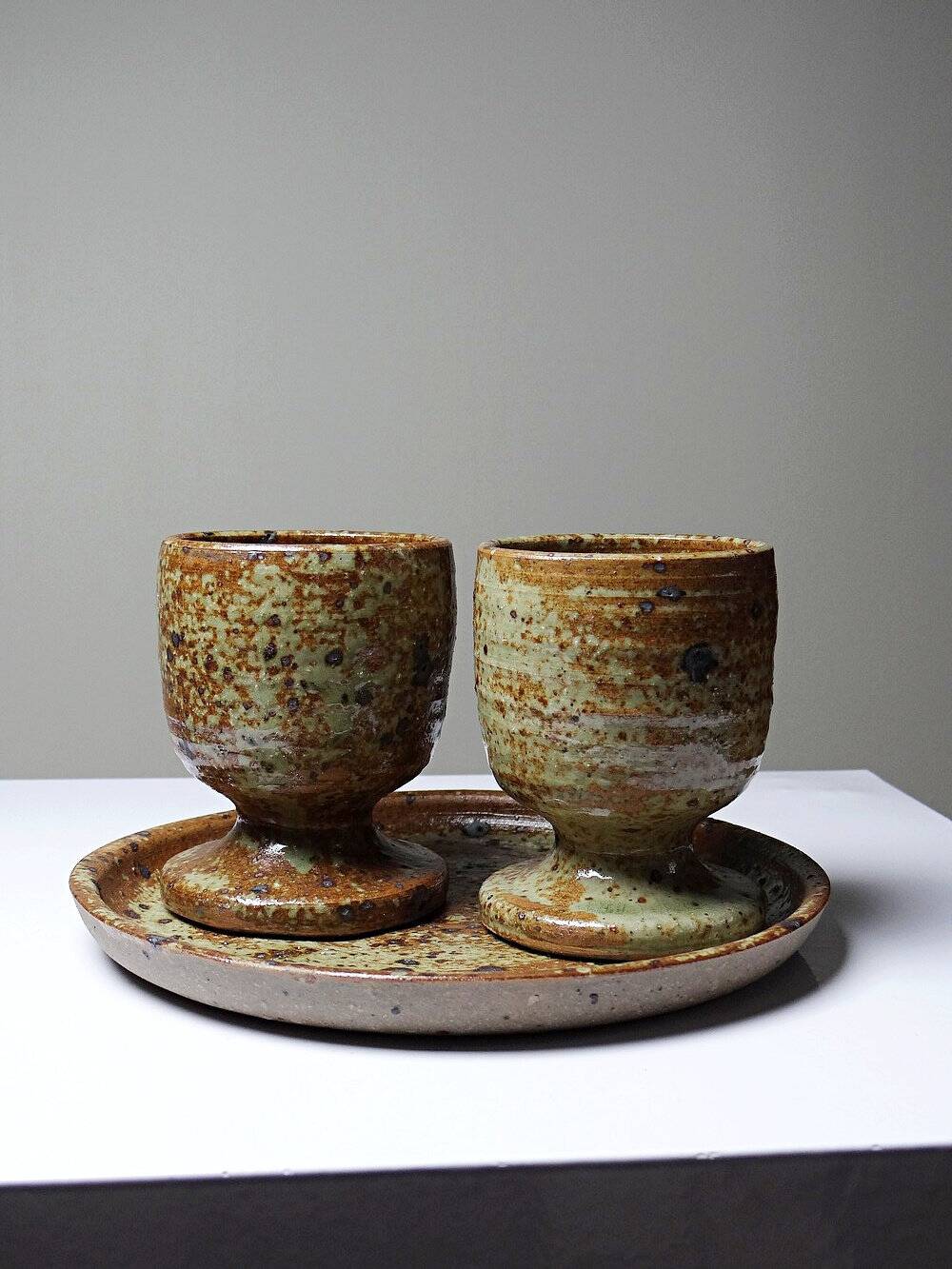 Set à café 2 tasses un plateau vintages grès pyrité style Baudat La Borne