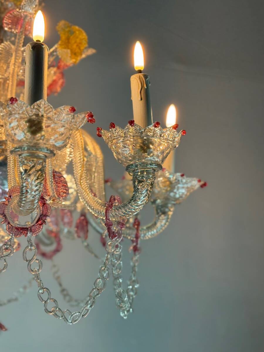 Venetian chandelier in multi-colored Murano glass, 10 light arms, circa 18