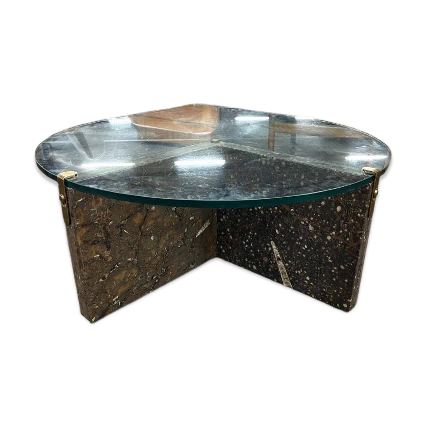 Vintage teardrop-shaped glass coffee table with stone base