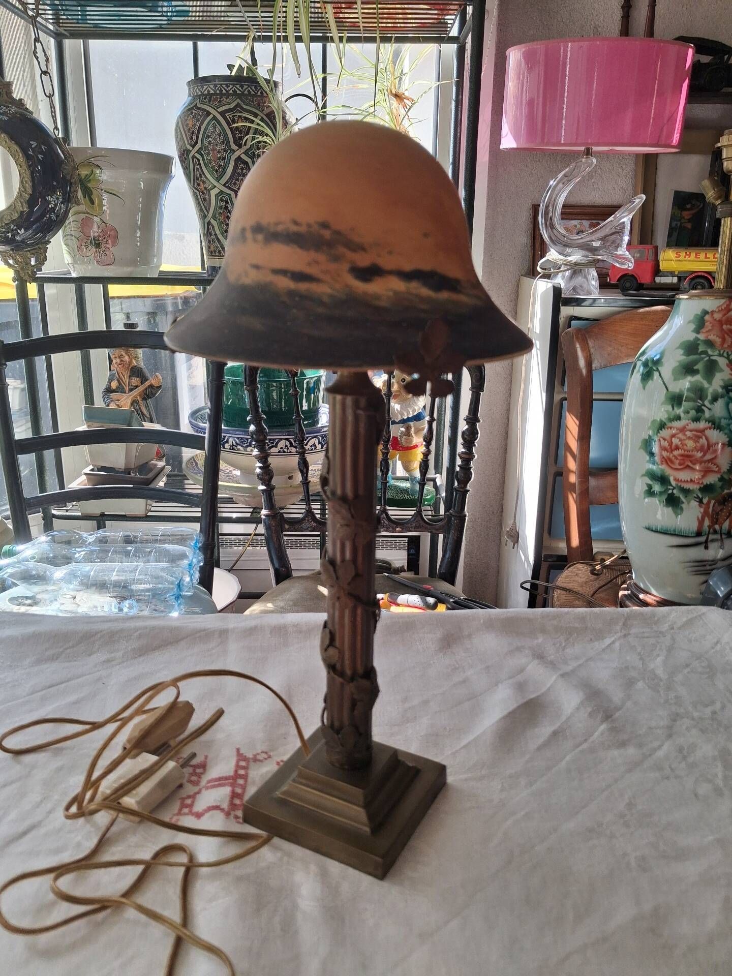 Mushroom lamp in glass paste and bronze Art Nouveau