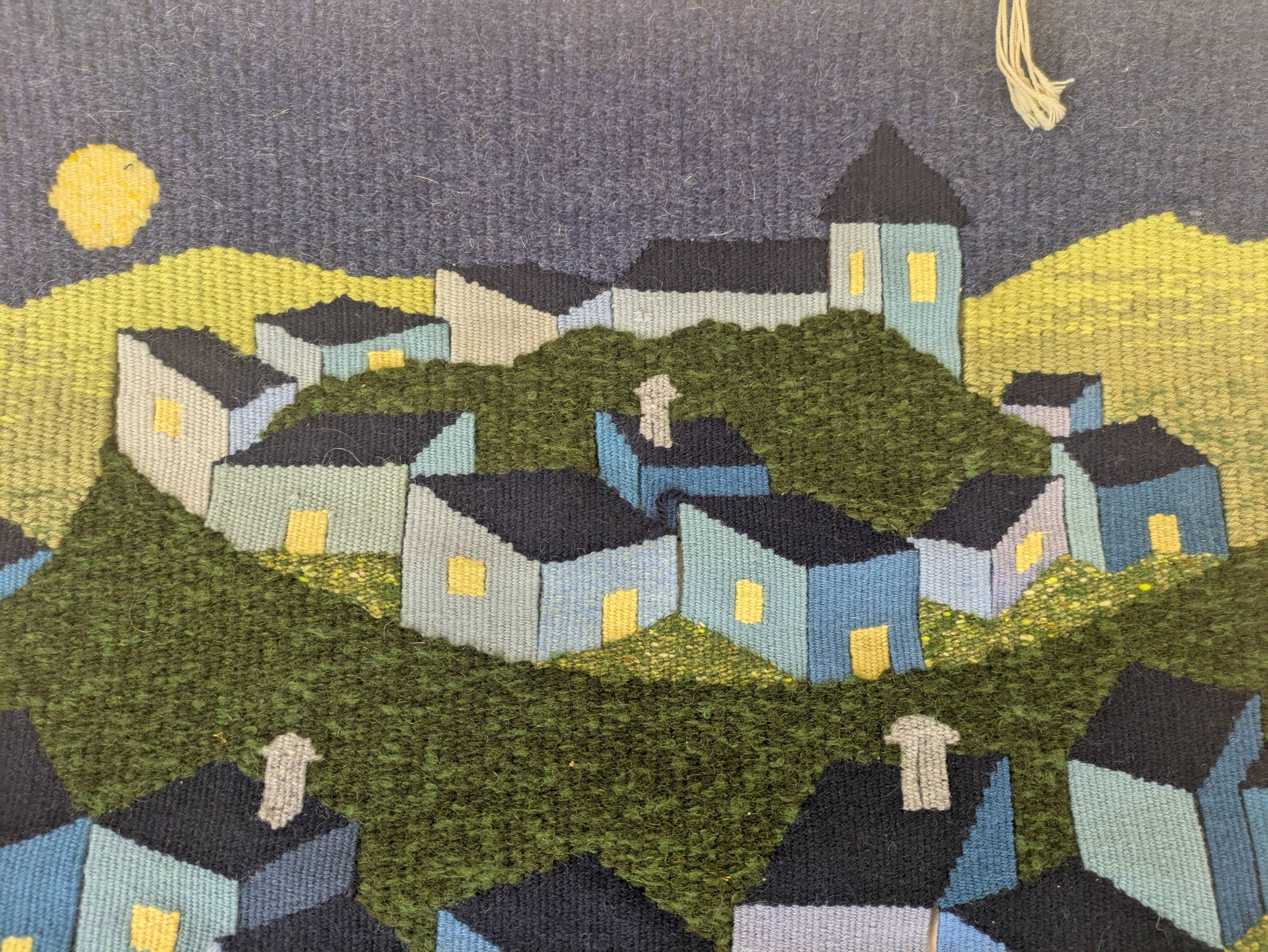 Vintage Handwoven Tapestry Village Scene Under the Full Moon