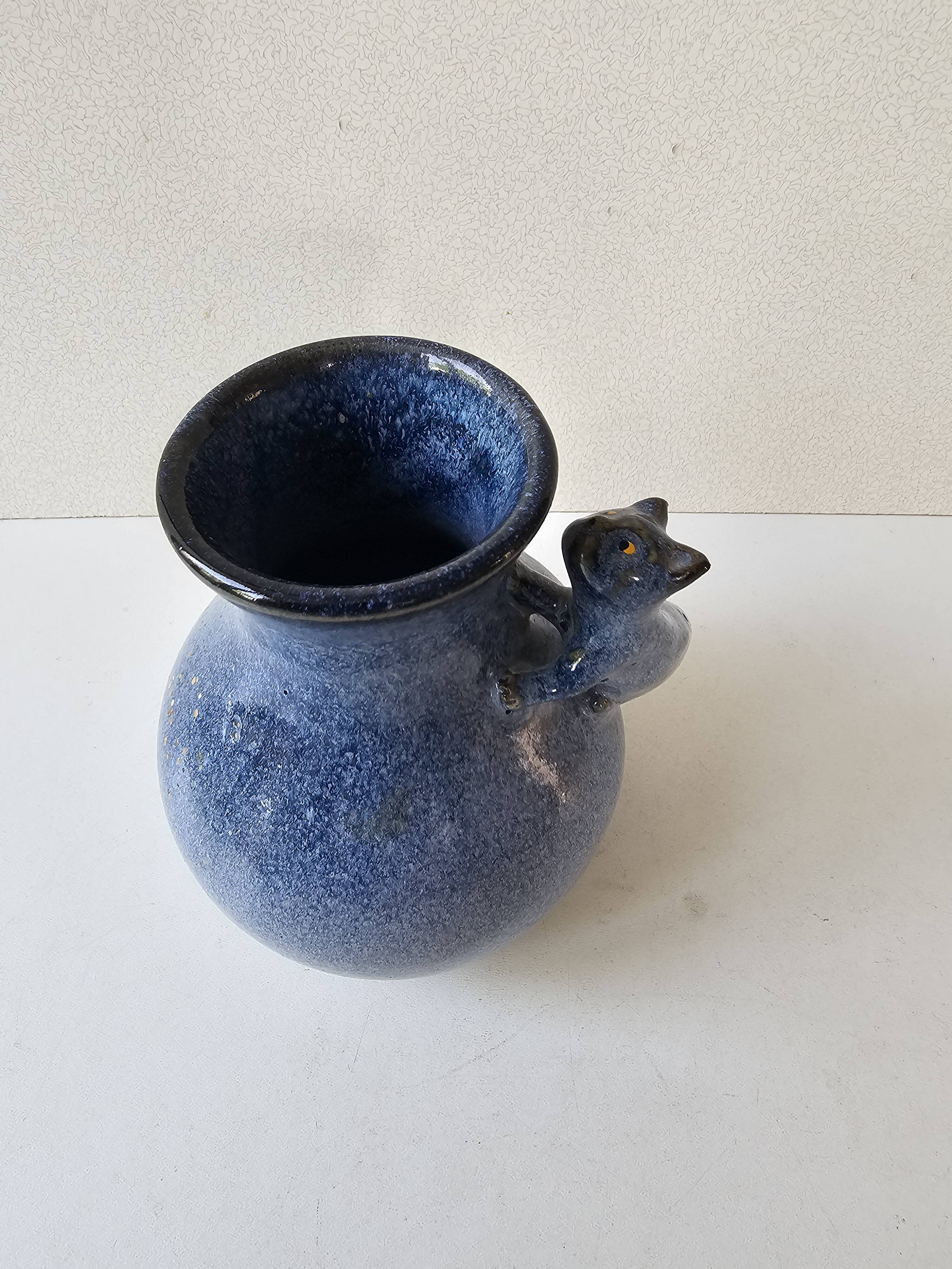 Blue ceramic cat vase signed Jean Louis Scouarnec