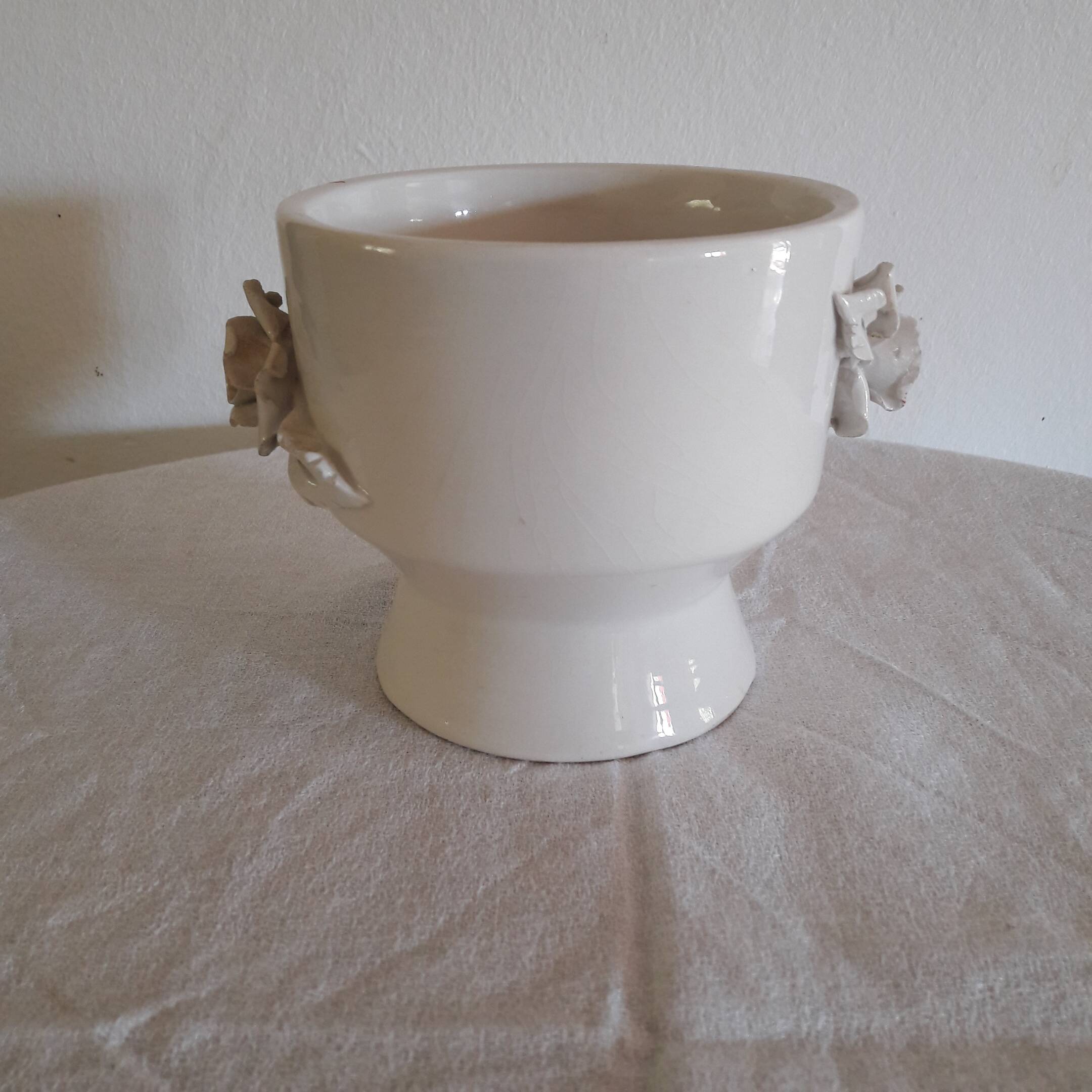 Vintage carved white pink earthenware pot/vase