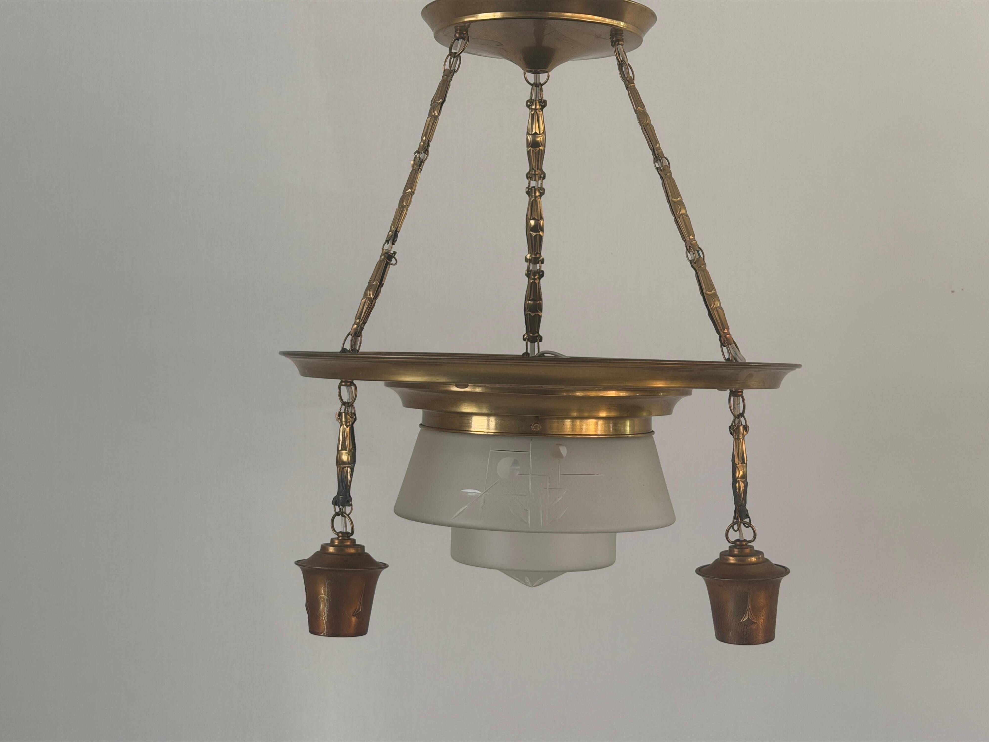Art Deco ceiling light in copper and glass, 1940s, Germany