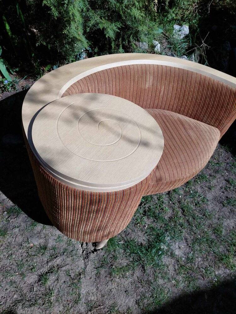 Brown fabric telephone bench from the 1960s with integrated table — Mid-Century style
