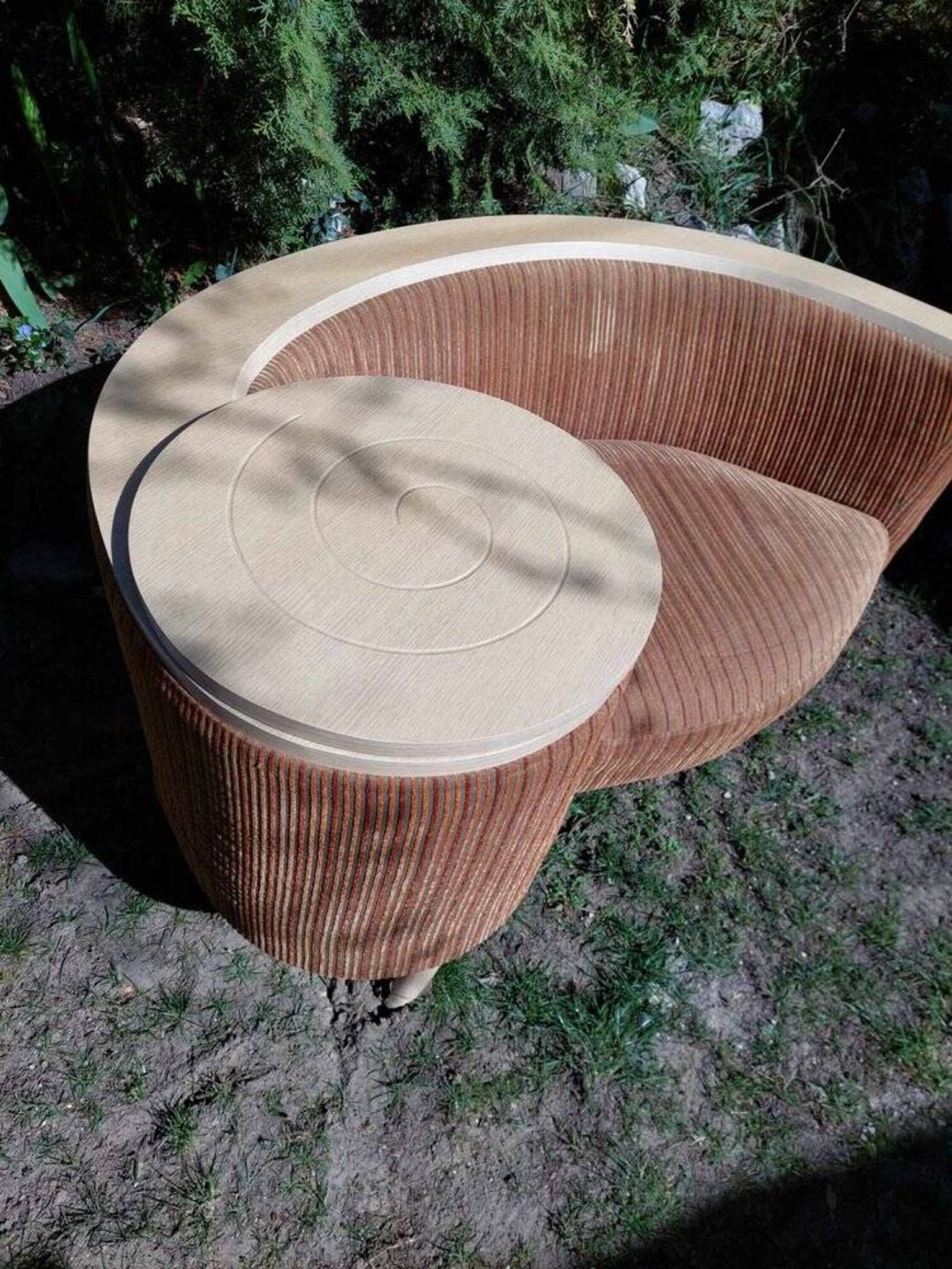 Brown fabric telephone bench from the 1960s with integrated table — Mid-Century style