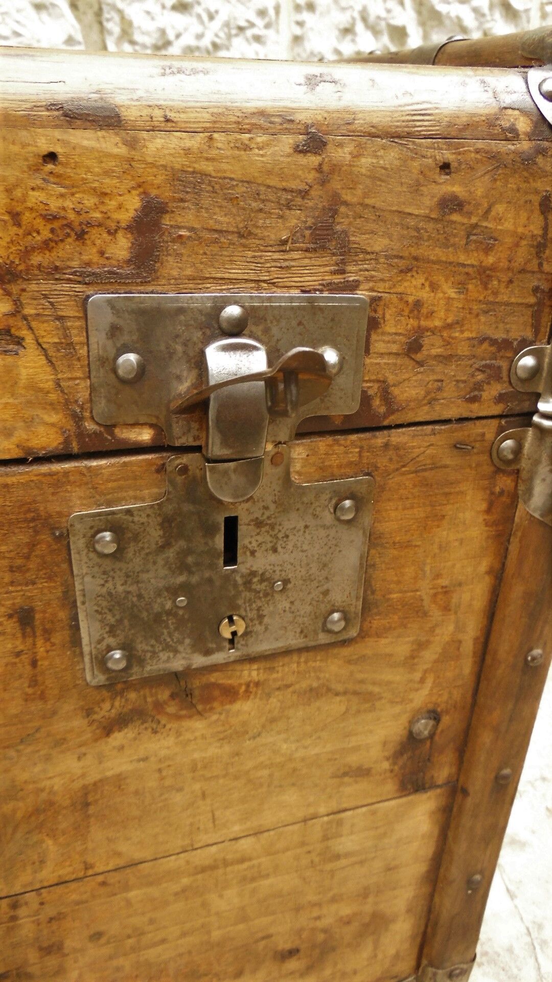 Former large wooden and iron trunk