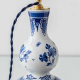 Pair of Royal Delft blue and white ceramic table lamps with new vermilion silk shades.