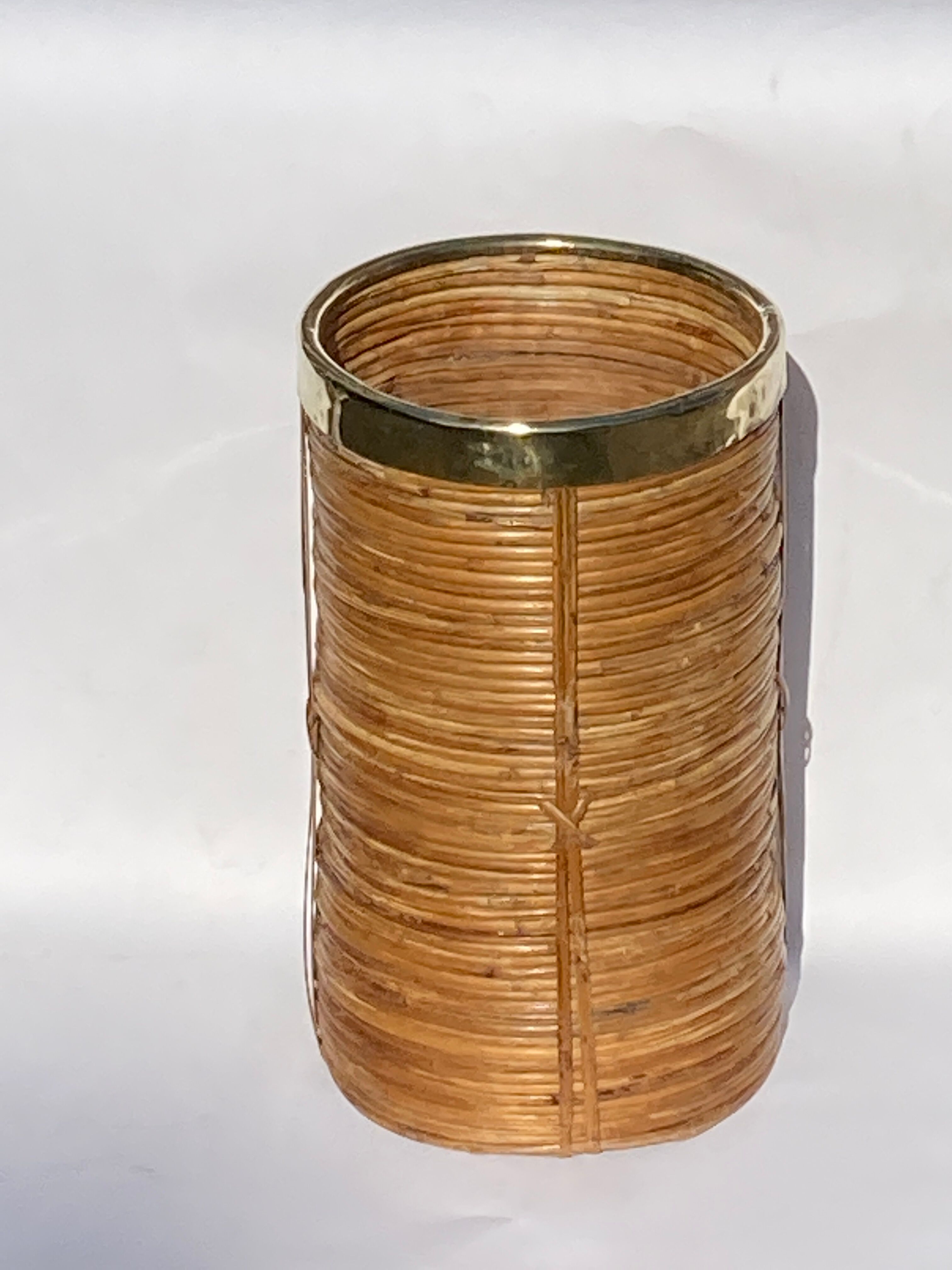 Midcentury rattan wicker and brass umbrella stand or basket