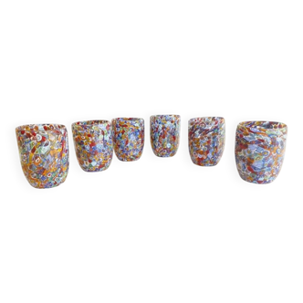 Set of 6 Multicolor Floral Murrine Glasses in the Style of Murano Glass