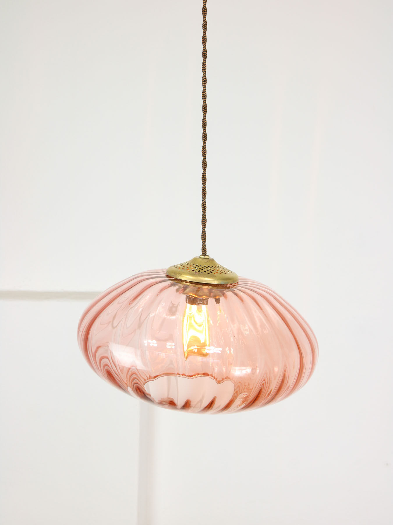 Mid Century Brass and Glass Crooked Pendant Lamp