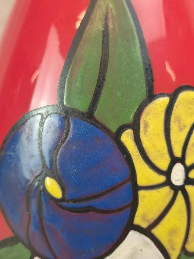 Vintage red glass vase – hand-painted floral decoration – signed Ar