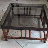Vintage bohemian chic 70s smoked glass bamboo coffee table