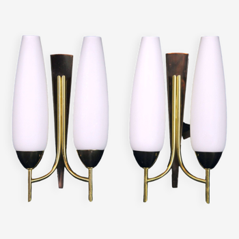 Pair of double brass and opaline sconces, Maison Arlus, France, Mid-Century
