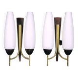 Pair of double brass and opaline sconces, Maison Arlus, France, Mid-Century