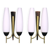Pair of double brass and opaline sconces, Maison Arlus, France, Mid-Century