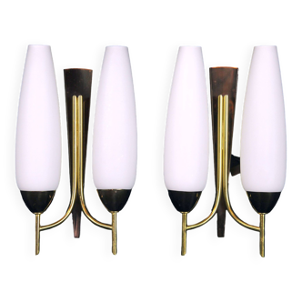 Pair of double brass and opaline sconces, Maison Arlus, France, Mid-Century