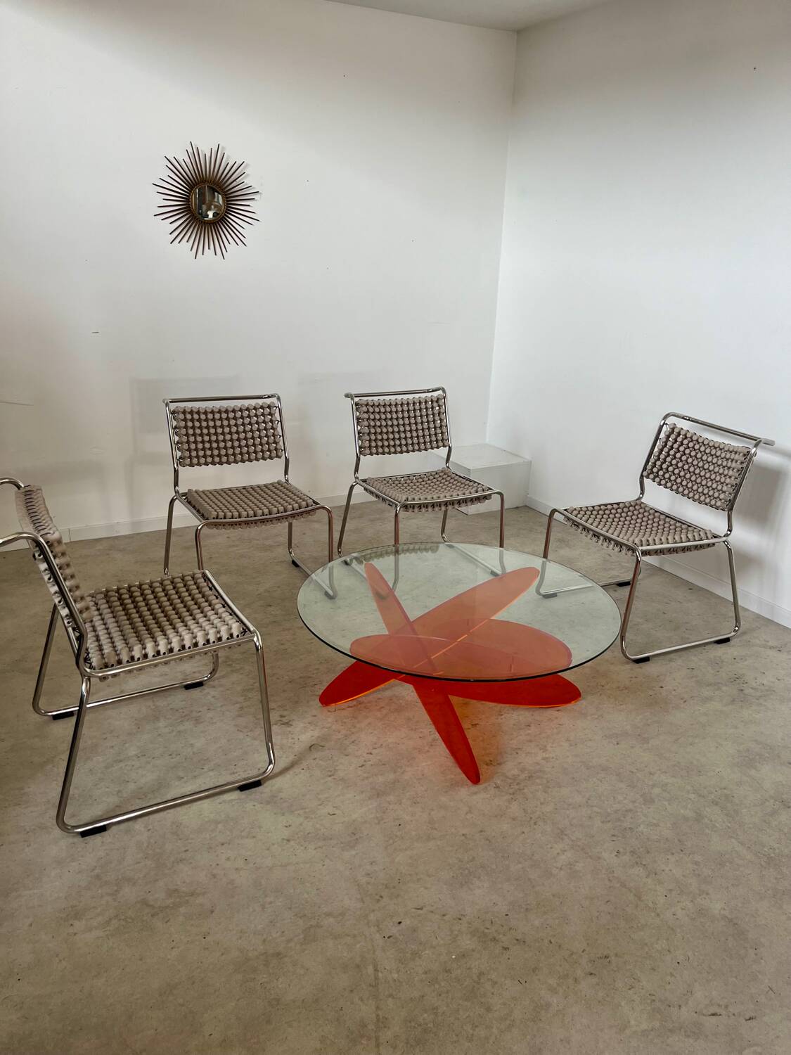 Geometric coffee table glass and orange plexi design 70s Space vintage age