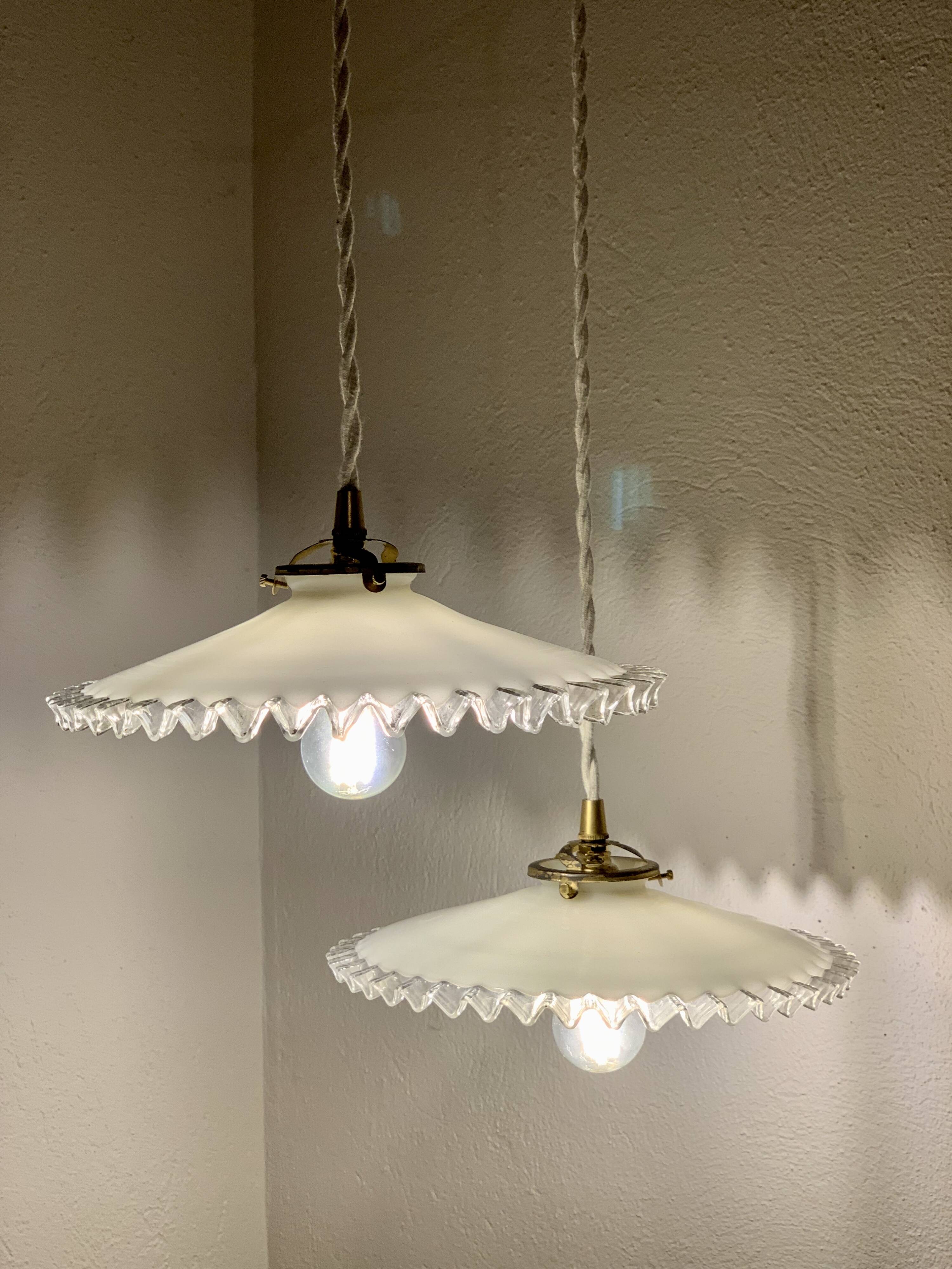 Pair of serrated opaline bistro pendant lights
