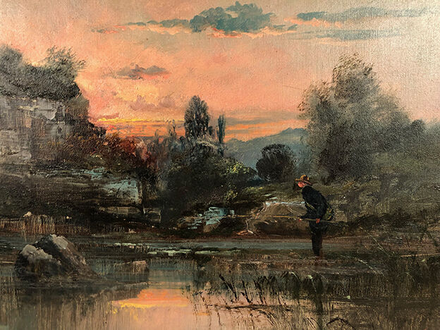 Oil on canvas, "Riverside at sunrise" signed J.Bain