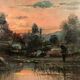 Oil on canvas, "Riverside at sunrise" signed J.Bain
