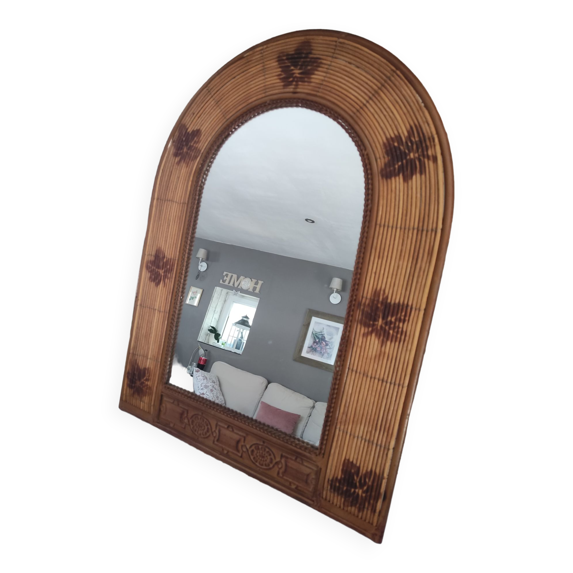 Vintage rattan arch mirror medium honey burnt leaf and metal decoration