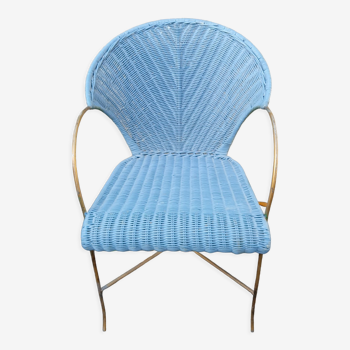 Fauteuil en rotin, couleur bleue, structure en métal, 1970